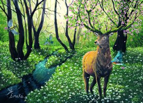 Illustration d'un cerf et d'oiseaux au bord d'un ruisseau coulant dans une for&ecirc;t verdoyante.