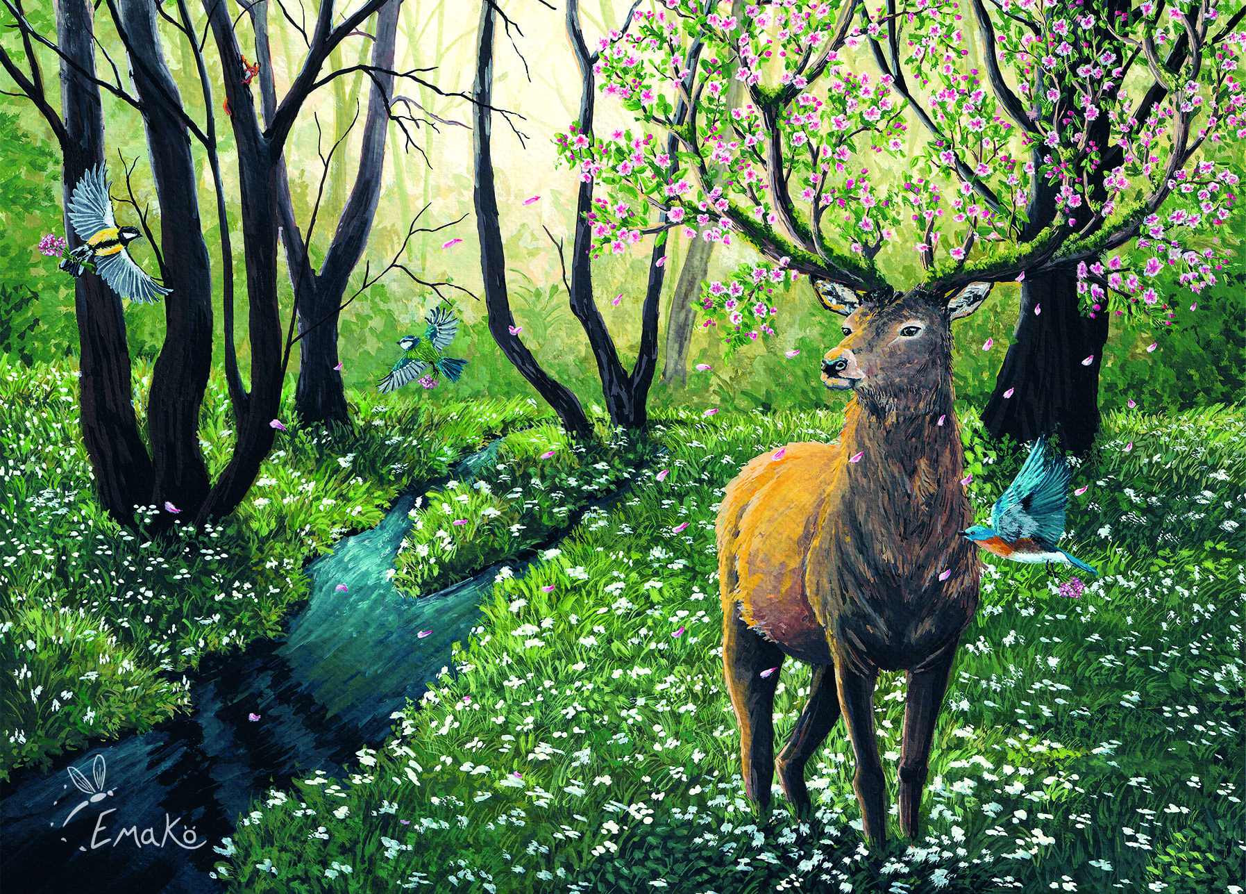 Illustration d'un cerf et d'oiseaux au bord d'un ruisseau coulant dans une for&ecirc;t verdoyante.